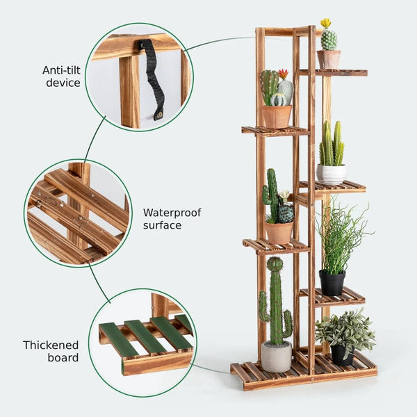 6-Tier Wood Plant Stand with Anti-Tilting Device and Multifunctional Display Shelf
