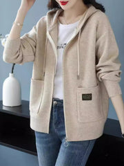 Women's New Fashionable Hooded Sweater, Outerwear with Hood, Cashmere Cardigan Autumn Wear, Drawstring Hood Design, Loose Fit, Cashmere Fabric Texture, Suitable for Women Who Pursue Comfort, Fashion and Warmth.