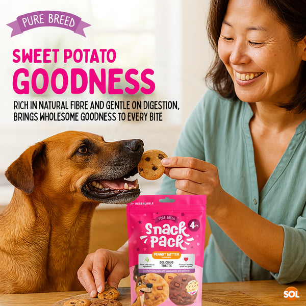 Pure Breed Snack Pack Dog Chews 4 Pack | Peanut Butter Cookie Dog Treats | Grain-Free Low Fat Healthy Dog Snacks | Natural Sweet Potato & Real Meat Chew | Tasty Training Reward for All Breeds