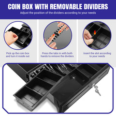 Cash Box Money Till Drawer with 5 Bill 5 Coin Removable Trays, Cash Register Drawer Manual Open, Key-Lock Adjustable Removable Cash Tray Till