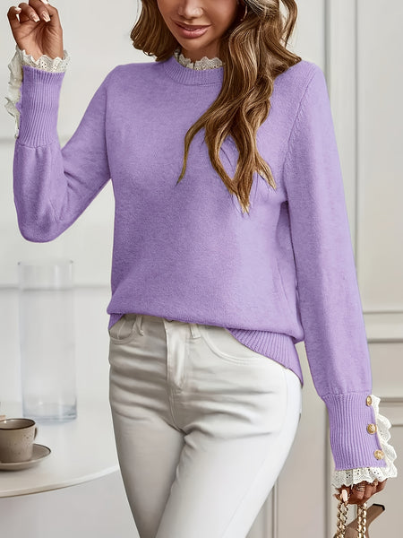 Ladies' Pullover with Lace Trim at The Cuffs And Neckline, a Casual And Elegant Sweater Top