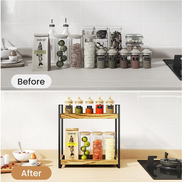 2 Tier Spice Racks Wood & Metal Organiser - Multipurpose Storage Shelf for Coffee Station, Bathroom Vanity, Kitchen Countertop (34x33x17cm) - Rustic British Home Decor