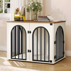 Dog Crate Furniture, 68cm Wooden Dog Crate, Indoor Kennel for Small Dogs, End Side Table Animal Crates, Anti-Chew, Anti-Escape, Arched Door Design, White Brown