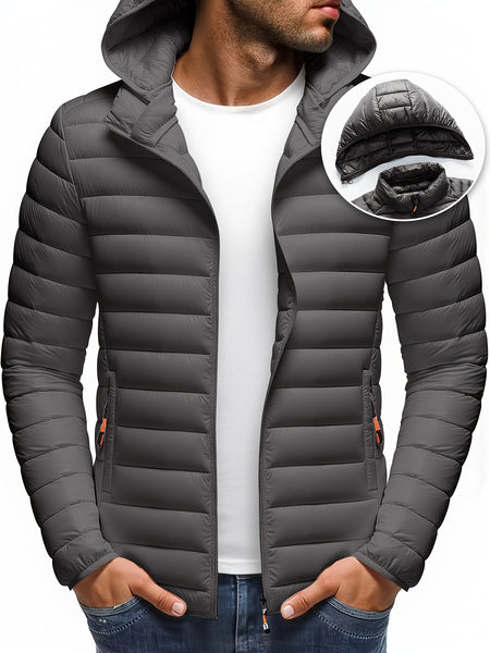 Men's Stand Collar Hooded Jacket - Warm, Windproof Thickened Coat, Detachable Hood, Solid Color Design, Thickened Nylon Fabric for Cold Weather, Casual Style, Zip Closure, Dry Clean Only, Winter Stand Collar Hooded Thickened Coat