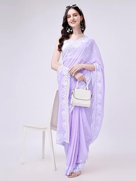 Estationeryhouse Women's Georgette Embroidery Border Work Designer Saree with Blouse Piece
