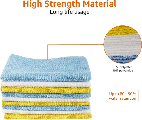 Amazon Basics Microfibre Cleaning Cloth, Pack of 24, Multi Colored, Blue, Orange & White, 40.5 Cm X 30.5 Cm