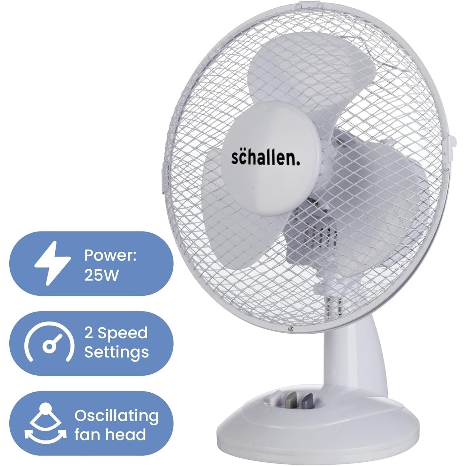 Schallen White 9 Inch Portable Desk Fan Oscillating Table Fan Quiet Electric Cooling Fan 2 Speed Settings Desktop Air Circulator Home Office Bedroom Workstation Garage Small Table Fan Plastic Blade Safety Mesh Grill UK Plug Grey White or Black