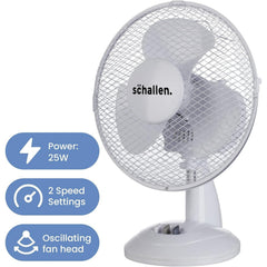 Schallen 9 Inch Portable Desk Fan Oscillating Table Fan Quiet Electric Cooling Fan 2 Speed Settings Desktop Air Circulator Home Office Bedroom Workstation Garage Small Table Fan Plastic Blade Safety Mesh Grill UK Plug Grey White or Black