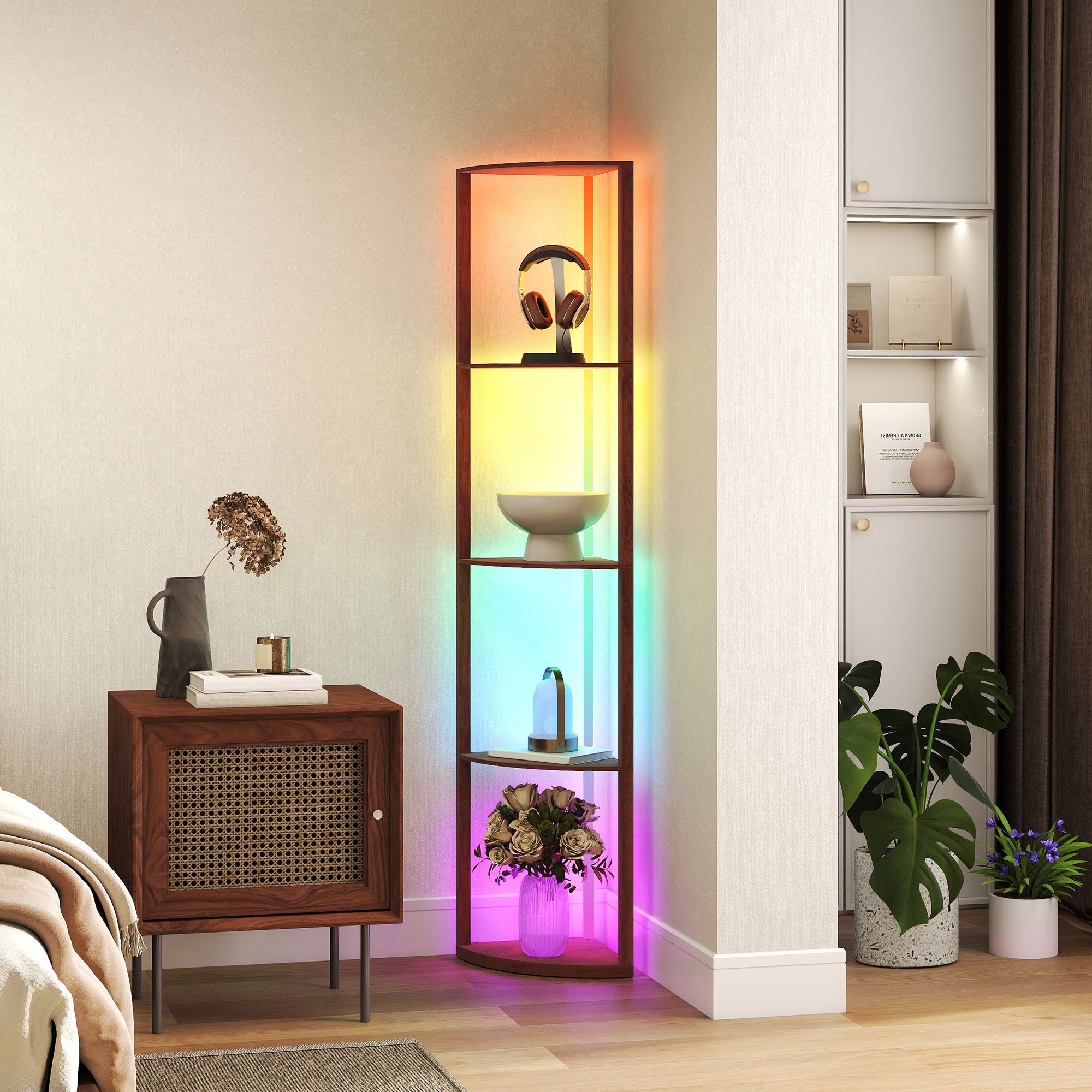 LED Floor Lamp with Shelves, 5-Tier Dimmable Standing Lamp with Adjustable Brightness and Foot Switch, Modern Corner Display Shelf Unit for Living Room Bedroom Office