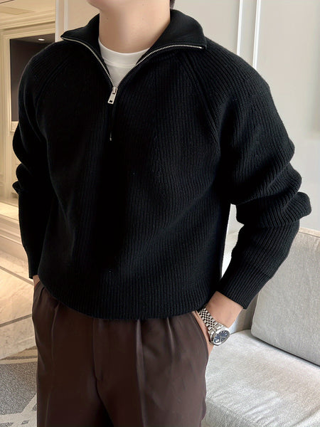 Men's Solid Color Minimalist Raglan Sleeve Thick Zip-Up Sweater for Autumn/Winter