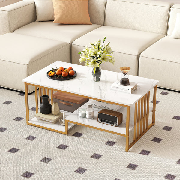 GOFLAME Faux Marble Coffee Table Rectangular 2-Tier Center Table w/ Shelf-White