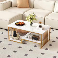 GOFLAME Faux Marble Coffee Table Rectangular 2-Tier Center Table w/ Shelf-White