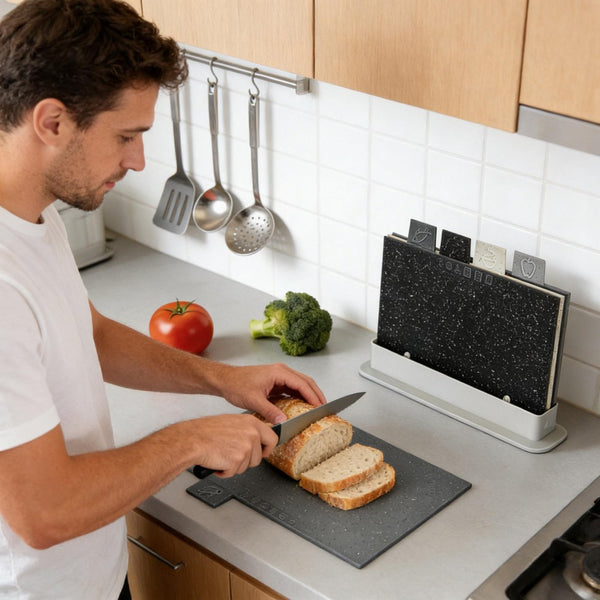 Index Chopping Board Set of 4 Color Coded Plastic Cutting Boards with Storage Stand Non-Slip Non-Porous Kitchen Boards for Meat Fish Vegetables Bread Dishwasher Safe