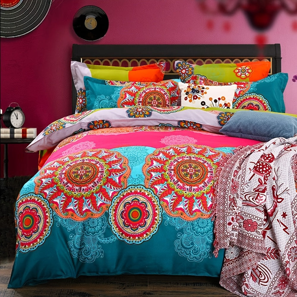 2/3pcs Bohemian Duvet Cover Set, Microfiber, Woven, Embroidery, Zipper Closure, All-Season, Machine Washable, 300-350 g/㎡, Turmeric Color, With Pillowcase, Not Include Duvet Insert, Christmas Gifts Decoration