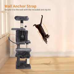 Cat Tree, 112 Cm Multi-Level Plush Cat Condo with 4 Scratching Posts, 2 Perches, Cave, Hammock, Pompoms, Light Grey
