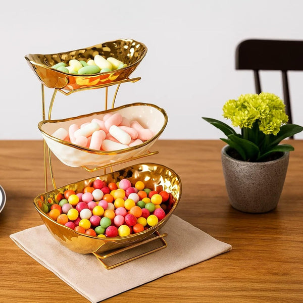 Premium 3-Tier Kitchen Fruit Basket – Gold Metal Rack with Three Big Bowls for Snacks, and Baked Goods – Space-Saving Design
