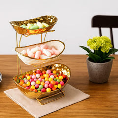Premium 3-Tier Kitchen Fruit Basket – Gold Metal Rack with Three Big Bowls for Snacks, and Baked Goods – Space-Saving Design