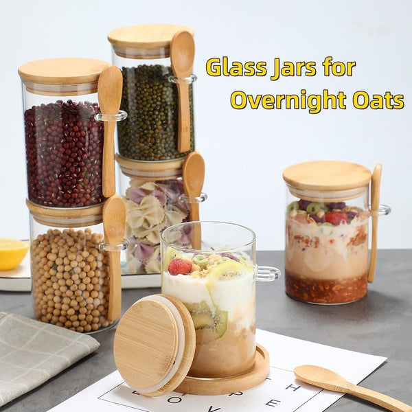 Glass Food Storage Jar,100% Sealed Borosilicate Glass Jars with Bamboo Lid and Bamboo Spoon for Candy, Spices, Coffee Beans, Nuts, Condiments, Cookies, Flour,Tea, 350Ml/12Oz (01)
