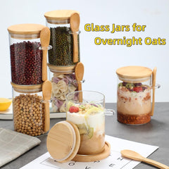 Glass Food Storage Jar,100% Sealed Borosilicate Glass Jars with Bamboo Lid and Bamboo Spoon for Candy, Spices, Coffee Beans, Nuts, Condiments, Cookies, Flour,Tea, 350Ml/12Oz (01)