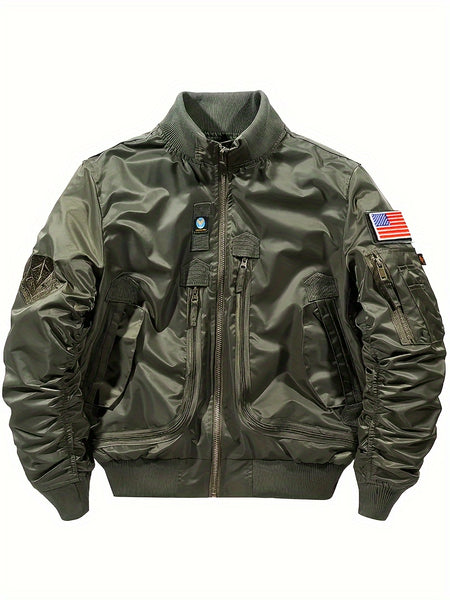 Men'S Casual Stand Collar Bomber Jacket, Chic Novelty Design Zip Up Tactical Jacket with Multi-Pocket, Fall Winter Outdoor