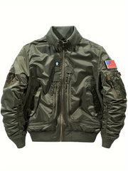 Men'S Casual Stand Collar Bomber Jacket, Chic Novelty Design Zip Up Tactical Jacket with Multi-Pocket, Fall Winter Outdoor
