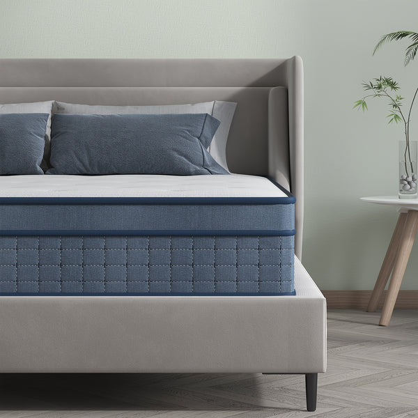 26cm/10.2in) Premium Hybrid Mattress: Individual Pocket Springs & 7-Zone Gel Foam, Medium Firm, Motion Isolation, Blue & White Design