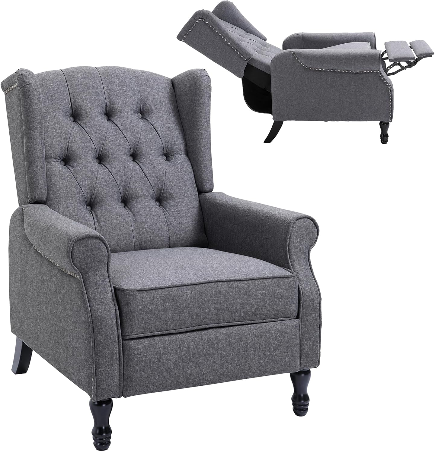 HOMCOM Recliner Armchair, Vintage Reclining Chair with Nail Head Trim, Wingback Chair with Button Tufted Back and Footrest, for Living Room, Beige