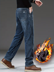 Men's Heavy-Themed Winter Light Business Casual Pants - Thickened Warm Washed Denim, Loose-Fit Mid-Rise with Internal Zipper Closure, Solid Color for Professional & -Casual Wear (Machine Washable)