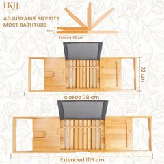 LKH Expandable Bamboo Bath Caddy Bridge Bathtub Organizer with Book Rest Wine Glass Holder and Tablet Support Tray for Home Spa Experience Fits Most Bath Sizes