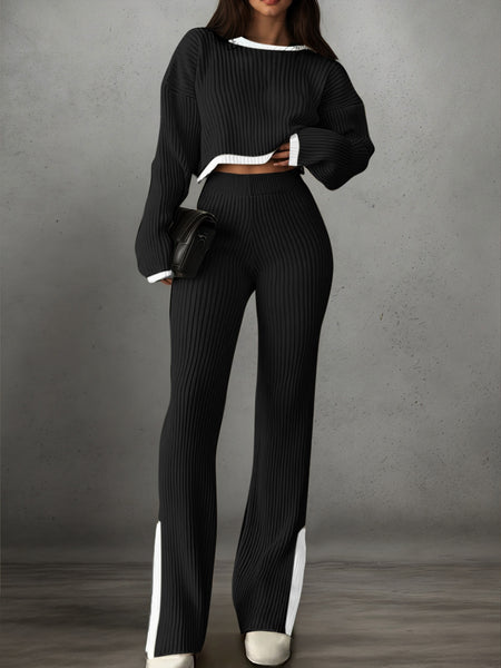 Women'S Short Color-Blocked Long-Sleeve Top with Solid Color Pants, a Casual And Stylish Outfit for Christmas