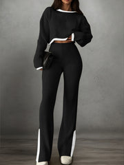 Women'S Short Color-Blocked Long-Sleeve Top with Solid Color Pants, a Casual And Stylish Outfit for Christmas