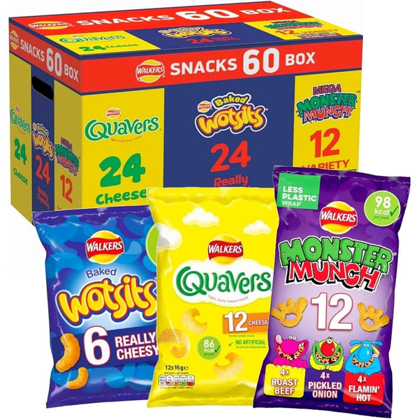 Walkers Crisps 60 Pack Snack Variety Box Quavers Baked Wotsits Mega Monster Munch Crisps Snack Mix Party Box Multi-Pack