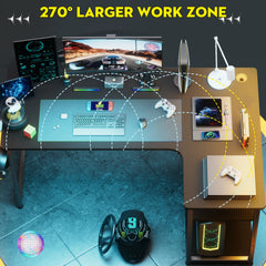 L Shaped Gaming Desk with Power Outlets Corner Computer Desk 110x80CM with Shelves Headphone Hook PC Table Workstation for Home Office Bedroom