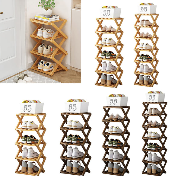 4/5/6/7 Tiers Bamboo Wooden Shoe Rack, Vertical Shoe Racks Storage Shelves Tall Shoe Tower, Collapsible Narrow Shoe Stand, Installation Free Folding X-Shape Shoe Racks Sneakers Slippers Holder Organizer, Multi Functional Shoe Rack Durable Footwear Cabinet