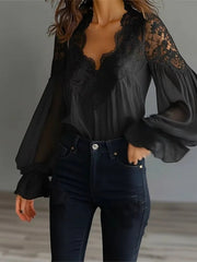 Women'S 2026 Lace Patchwork Pleated Shirt with Puff Sleeves