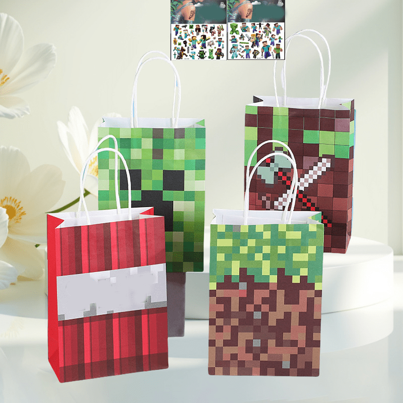 20Pcs Pixel Style Miner Craft Gift Pouches + Stickers Christmas Pixel Gift Pouches Colorful Gift Wrapping Bags Tote Paper Bags Last Minute Halloween Present BagsPixel Style Miner Craft Party Supplies