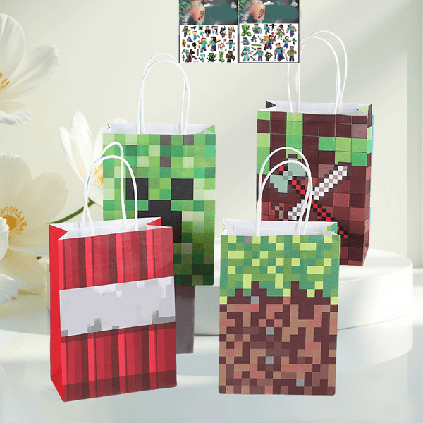 20Pcs Pixel Style Miner Craft Gift Pouches + Stickers Christmas Pixel Gift Pouches Colorful Gift Wrapping Bags Tote Paper Bags Last Minute Halloween Present BagsPixel Style Miner Craft Party Supplies