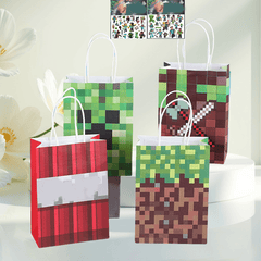 20Pcs Pixel Style Miner Craft Gift Pouches + Stickers Christmas Pixel Gift Pouches Colorful Gift Wrapping Bags Tote Paper Bags Last Minute Halloween Present BagsPixel Style Miner Craft Party Supplies