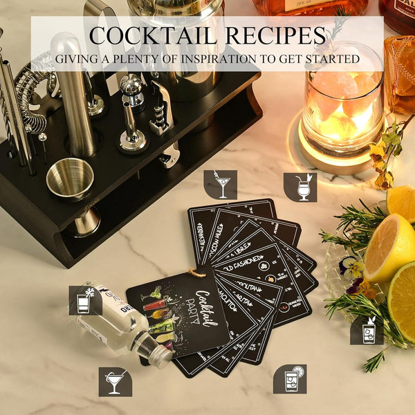 Cocktail Making Set, Cocktail Shaker Set 750Ml Stainless Steel Bar Tool Set Bartender Kit with Bamboo Display Stand for Home & Bar (Black Silver - 17PCS)