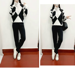 Women'S New Arrival Autumn/ Winter 2024 Casual Check Pattern Sweater Set - Style Trendy Two-Piece Outfit, Long Sleeve, Square Neck, Color Block, Drawstring, Pants, Casual Wear|Check Pattern Top|Drawstring Pants, Sweater Set