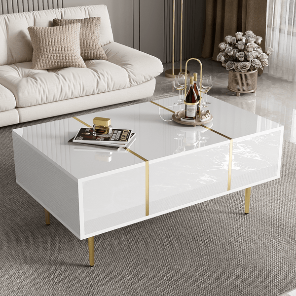 Marble Patterned Countertop Coffee Table with Gold Lines Rectangular Side Table, 2 Drawers, Modern Living Room Coffee Table