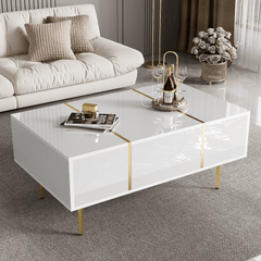 Marble Patterned Countertop Coffee Table with Gold Lines Rectangular Side Table, 2 Drawers, Modern Living Room Coffee Table