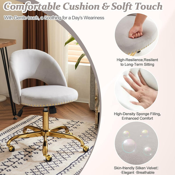 Office Chair Velvet Fabric Swivel Computer Desk Chair Comfy Armless Vanity Task Chair With Adjustable Height, Ergonomic Chair for Home Bedroom (Delicate Lilac)