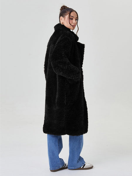 Women's Notch Lapel Plush Double-Breasted Casual Jacket, Leisure Winter Fuzzy Jacket