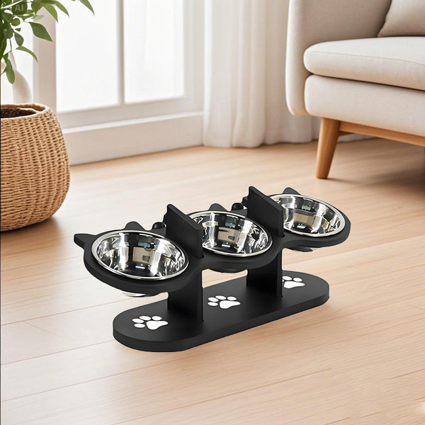 Pet Food Feeding Stand Station Stainless Cat Dog 3* Raised Bowls Wooden Holder