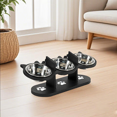Pet Food Feeding Stand Station Stainless Cat Dog 3* Raised Bowls Wooden Holder