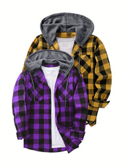 2pcs Men's New York Fashion Trendy Plaid Shirt Hoodie, Plaid Pullover Sweatshirt Flannel Hoodie