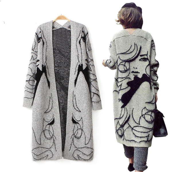 Women'S Abstract Batwing Sleeve Cardigan Sweater - High Neck & Contrast with Greyish- Tones, Mid-Length Casual Winter Fall Jacket, Cozy Character Pattern Design for Layering, Semi-Formal & Casual Attire, Cardigan Sweaters for Women