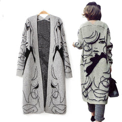 Women'S Abstract Batwing Sleeve Cardigan Sweater - High Neck & Contrast with Greyish- Tones, Mid-Length Casual Winter Fall Jacket, Cozy Character Pattern Design for Layering, Semi-Formal & Casual Attire, Cardigan Sweaters for Women