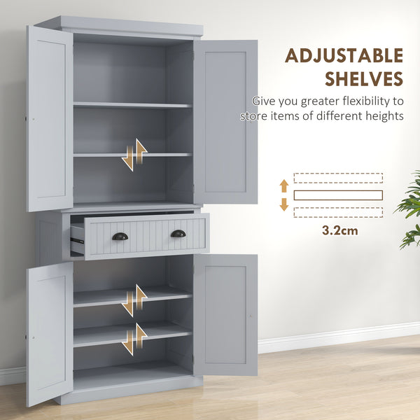 183 cm Tall Kitchen Cabinet, Freestanding Storage Cabinet with 4 Doors, Drawer and Adjustable Shelves, Kitchen Cupboard for Dining Room, White